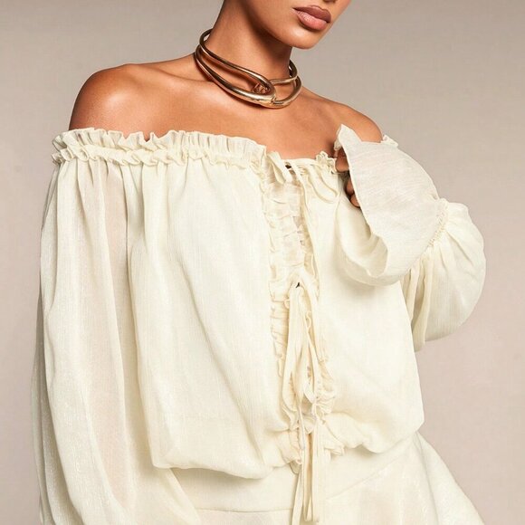 Khaki Casual Women's Off Shoulder Flare Sleeve Ruffle Hem Dress - Picture 5 of 6